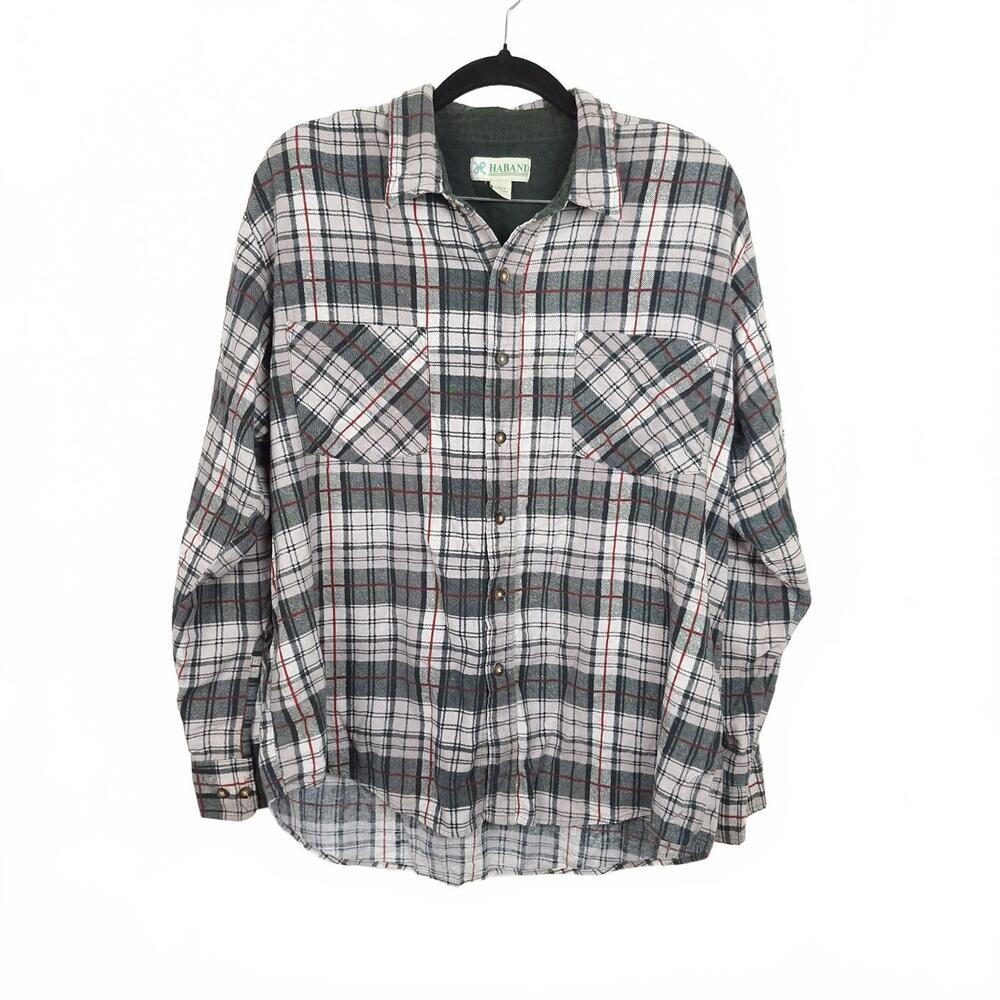 Vintage Haband Flannel Shirt‎ Mens Large L Gray Black Red Button Up Long Sleeve